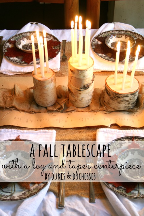 a fall tablescape with a log and taper centerpiece - Seasons Saturday Selections